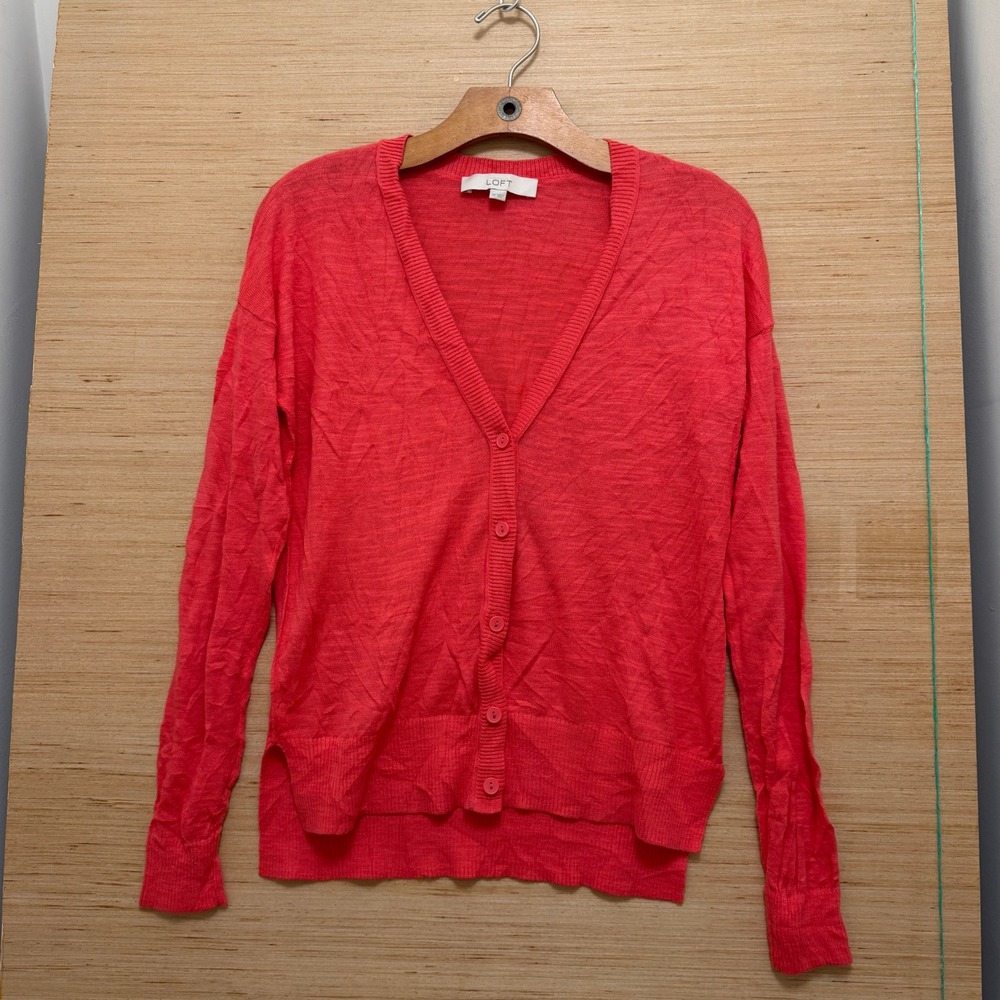 Loft Womens‎ Coral Pink V-Neck Button Front Lightweight Knit Cardigan XS 5583